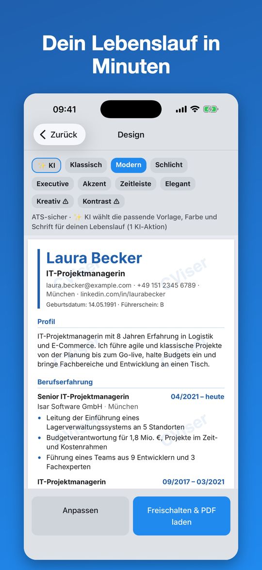 Lebenslauf-Vorschau mit der Vorlage Modern