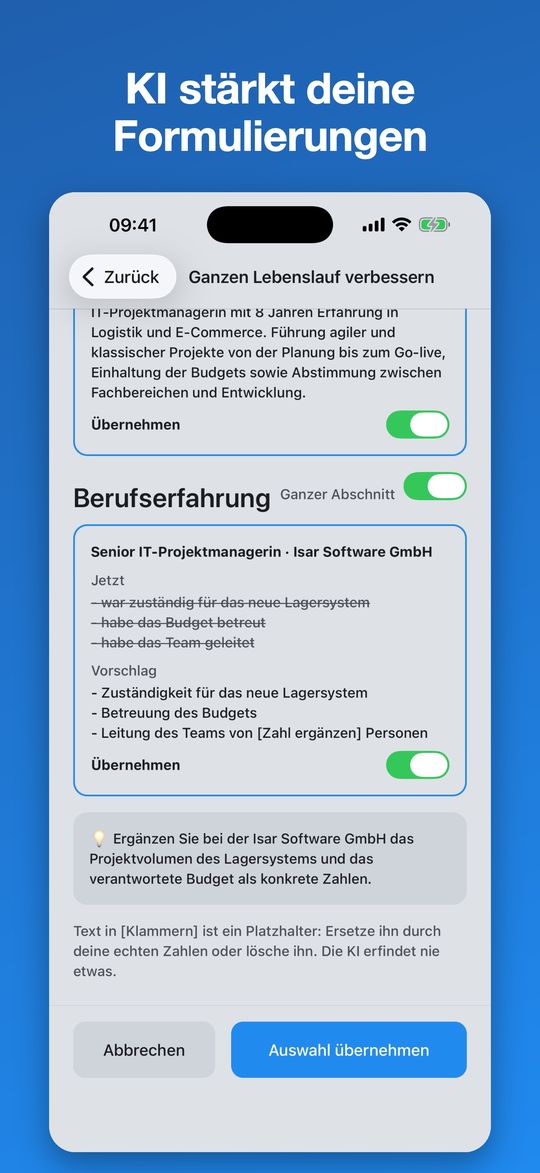 KI-Vorschläge für einen besseren Lebenslauf