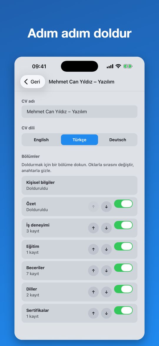 Bölümlere ayrılmış CV düzenleyici